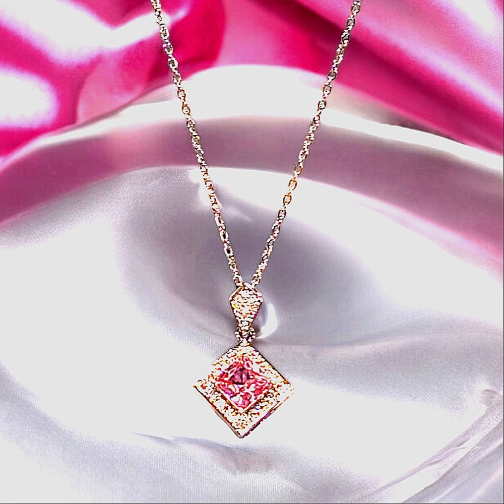 Silver Colored Diamond Shaped Pink Necklace